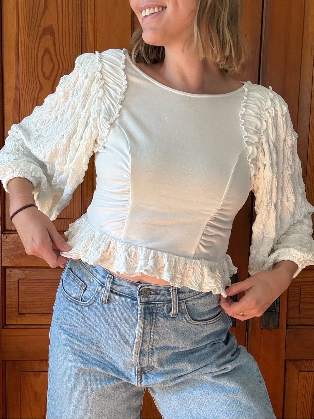 Free People Cream Ruffled Puff-Sleeve Camisole